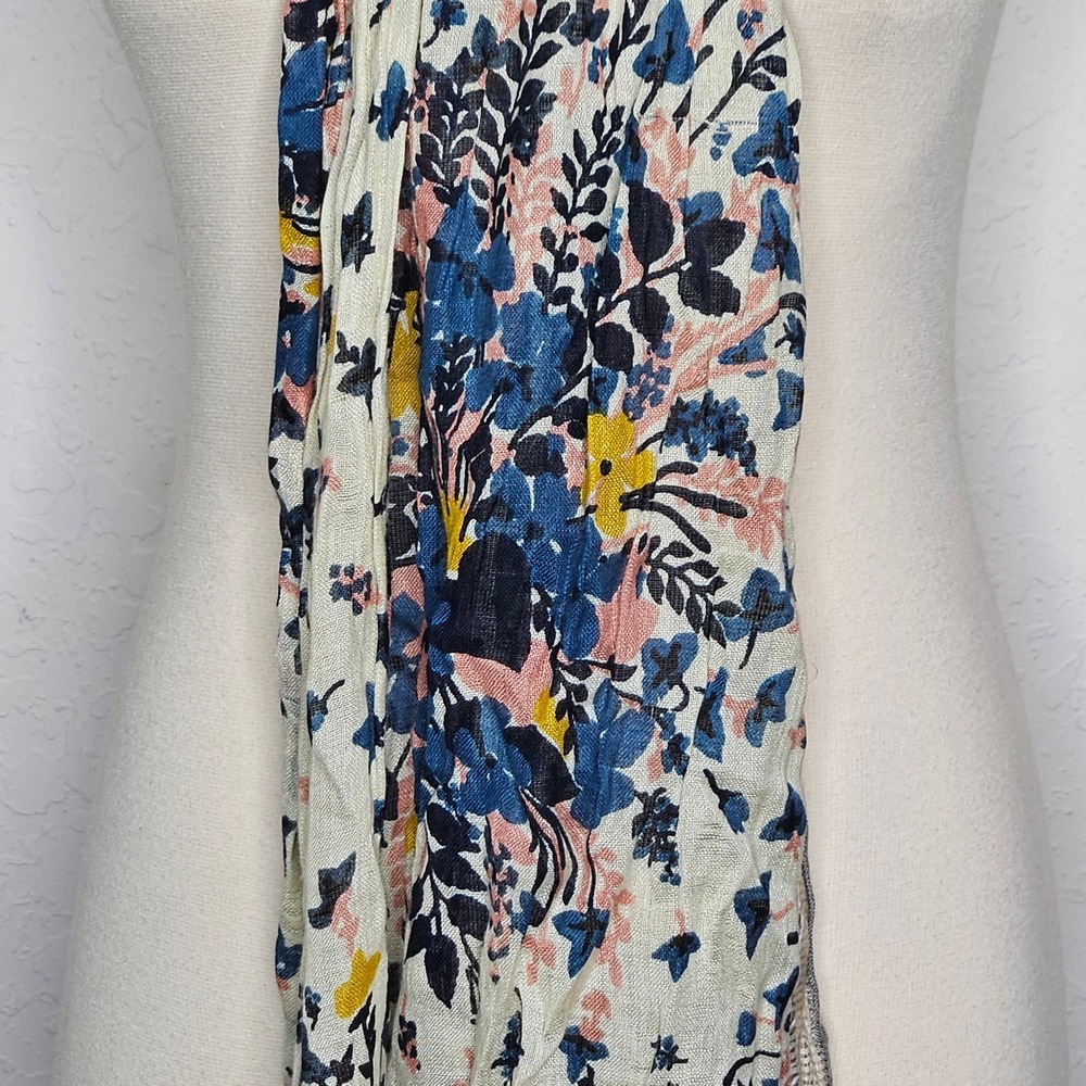 Ann Taylor LOFT Floral Scarf Cream Blue Pink Yellow Gauze Frayed Edge Boho Wrap - Picture 2 of 7